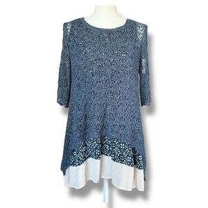 John Mark Blue Crochet Tunic Top Floral Print Layered Hem‎ Boho Medium